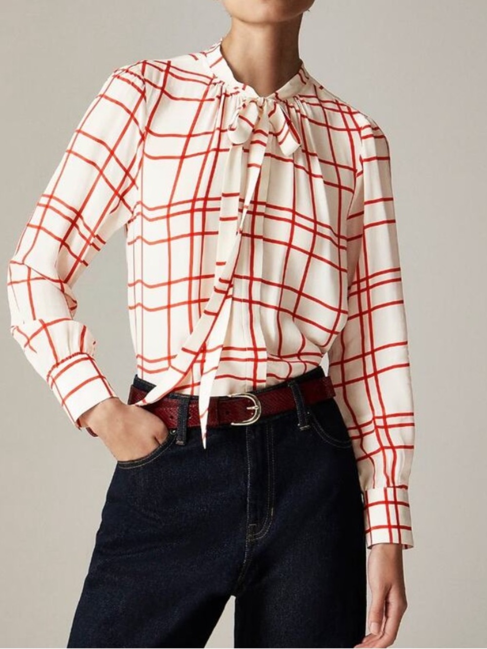 NEW J. Crew Tie Neck Top Plaid Crepe De Chine Viscose Preppy Retro Ivory US 10